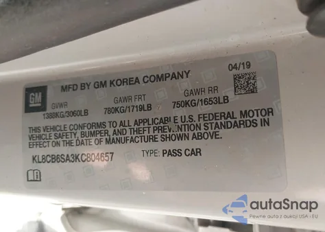 2019 Chevrolet Spark Ls Cvt из США, поврежденный, VIN KL8CB6SA3KC804657